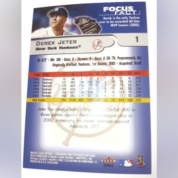 DEREK JETER 2001 FLEER FOCUS BASEBALL CARD #1 NY NEW YORK YANKEES MLB HOF, Rare - Picture 2 of 4